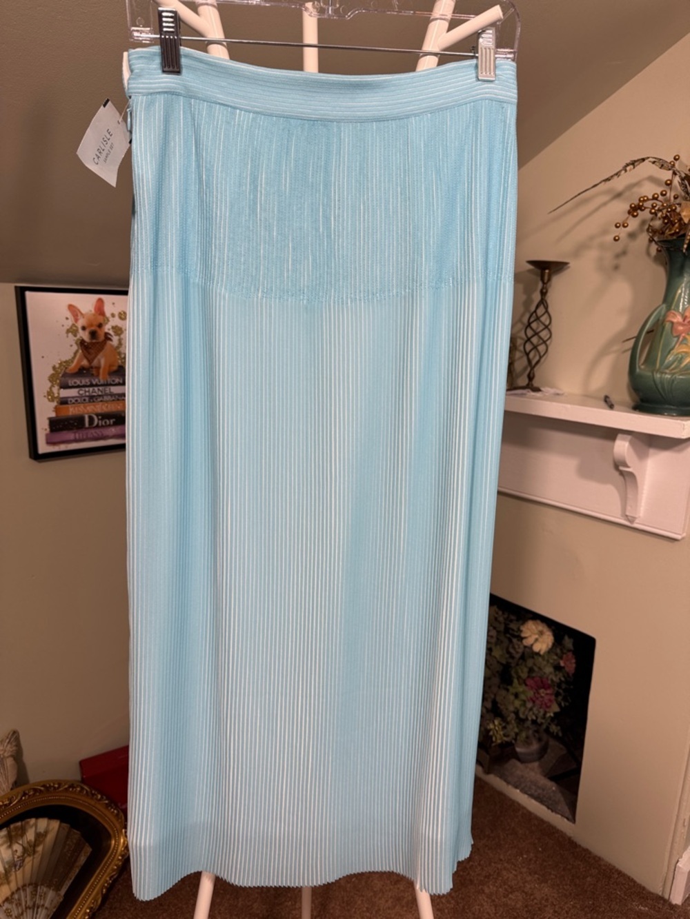 NWT Carlisle Light Aqua and White Micro Pleated Maxi Skirt Retail $658! - Picture 3 of 11